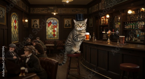 Tabby cat wearing a top hat and monocle at bar