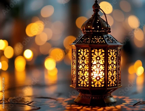 Beautifully decorated Arabian lanterns with intricate geometric patterns, glowing warmly from the burning candles inside.