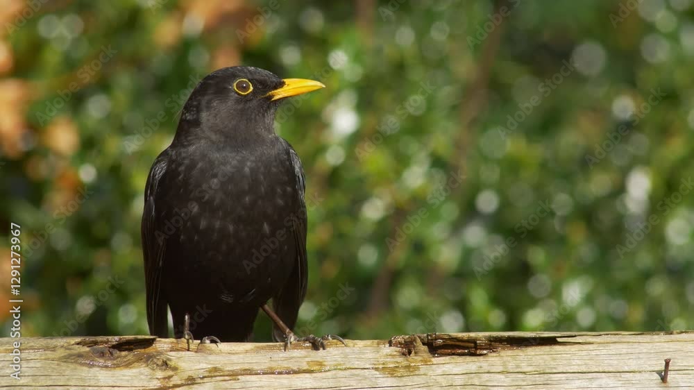 Blackbird vigilant and turning on a fence in winter. Sunny Blackbird vigilant and turning on a fence in winter. Sunny