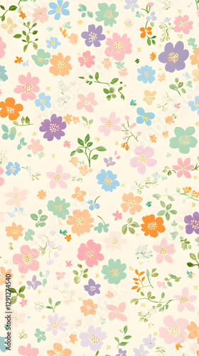 Design an elegant pattern featuring small, colorful flowers in shades of pink and purple on a cream background
