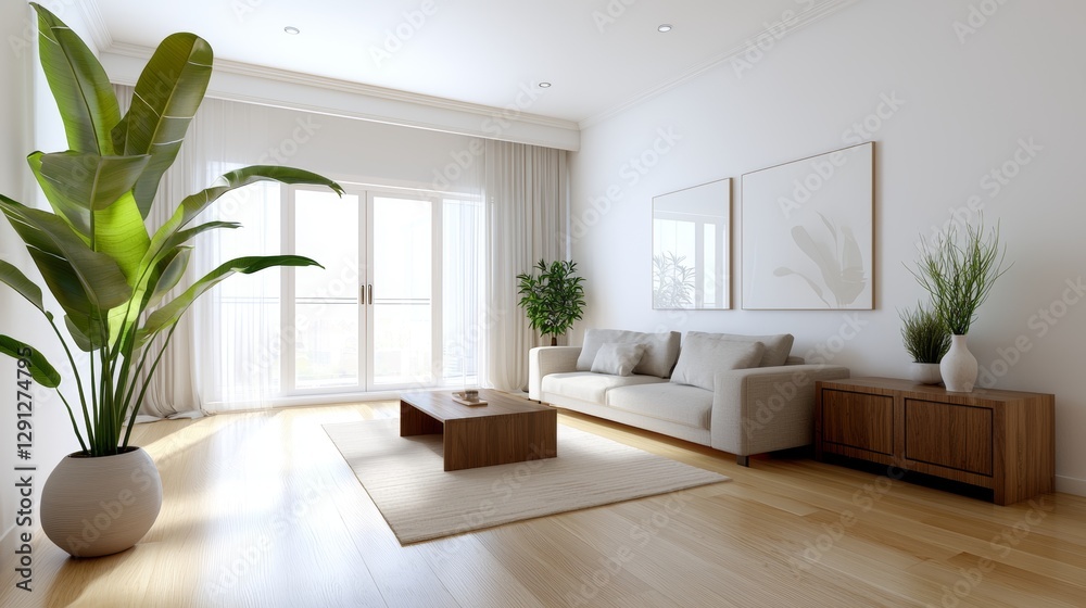 Bright, modern living room with large windows, a beige sofa, wooden furniture, and plants. Bright, modern living room with large windows, a beige sofa, wooden furniture, and plants.