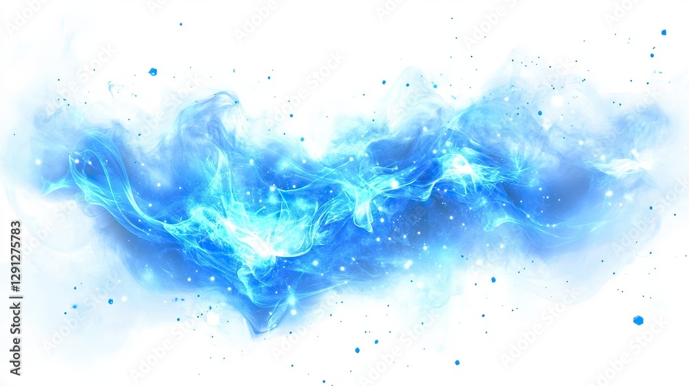 Fototapeta premium Abstract blue energy wave with glowing plasma particles in a dynamic swirling motion on a white background