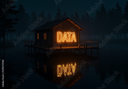A house labeled data on a binary water lake symbolizes a data lakehouse.