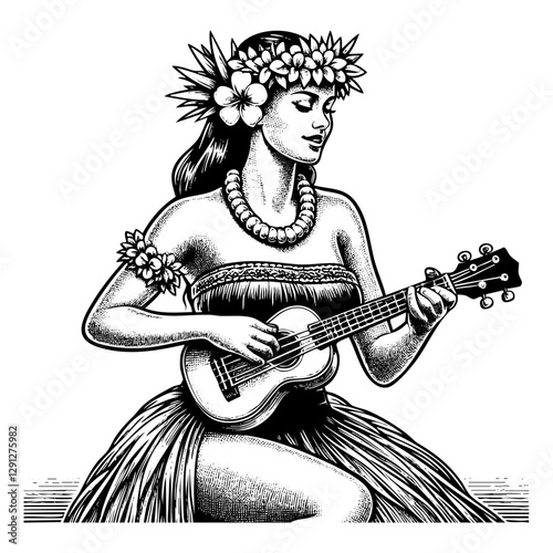 Hula dancer while play ukulele sketch engraving black and white outline. Scratch board imitation.

