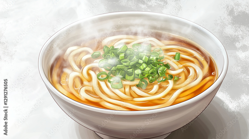 A steaming hot bowl of udon noodles with green onions A steaming hot bowl of udon noodles with green onions