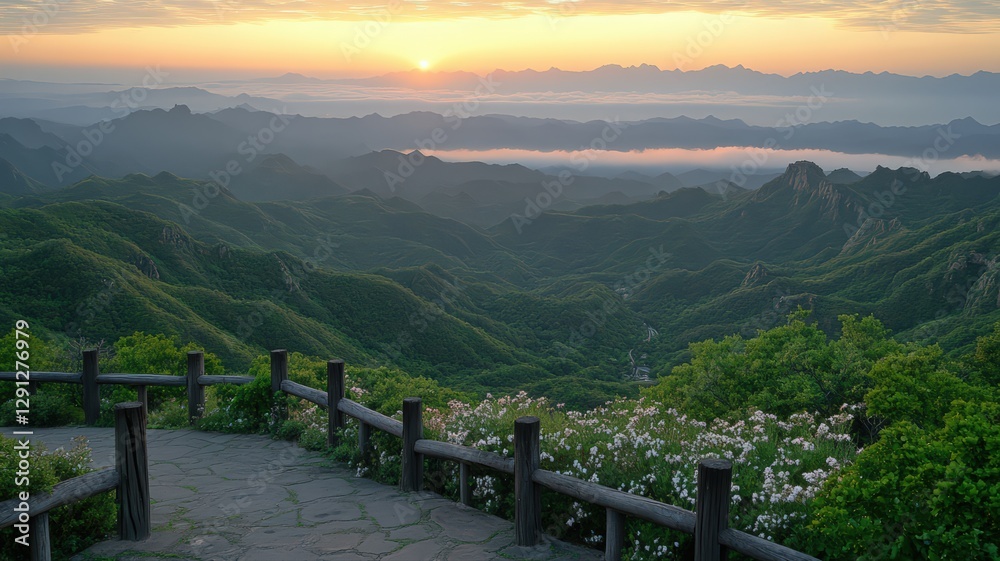 Misty Valley Sunrise Golden Light over Lush Green Hills and White Flowers Misty Valley Sunrise Golden Light over Lush Green Hills and White Flowers