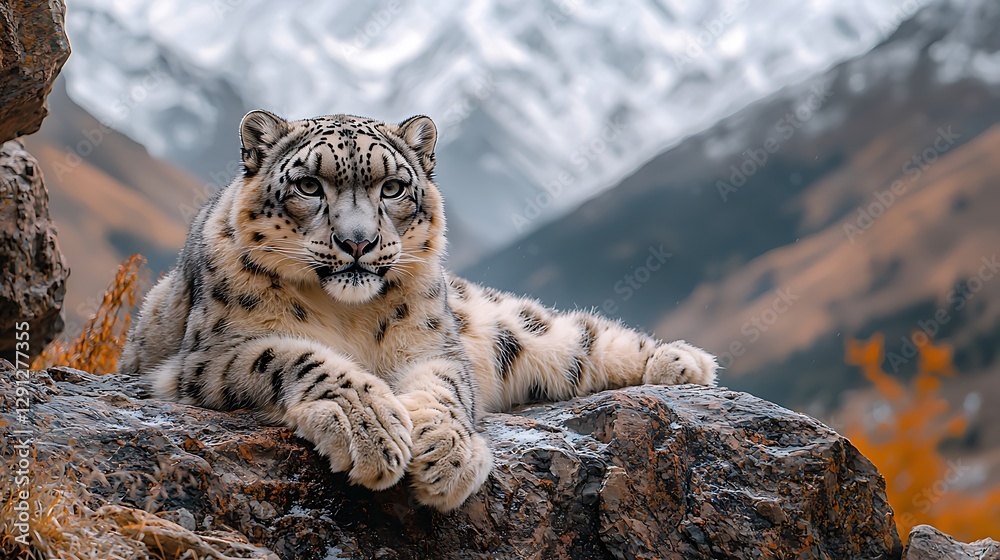 Snow Leopard resting on rock, autumn mountains, wildlife Snow Leopard resting on rock, autumn mountains, wildlife