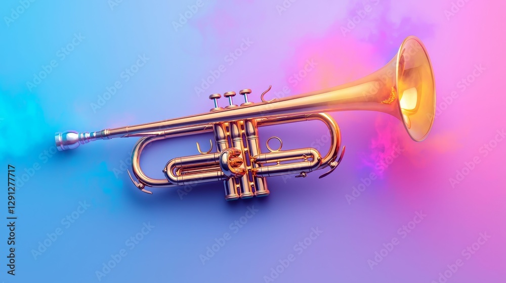 Obraz premium A vibrant trumpet rests against a colorful gradient background, showcasing its shine amidst a mist of pink and blue hues.