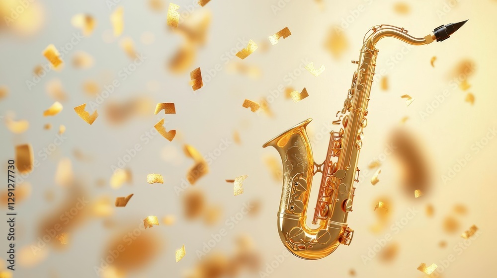 Naklejka premium A golden saxophone surrounded by shimmering confetti, evoking a festive and celebratory atmosphere.