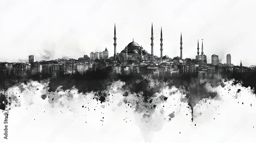 Istanbul skyline in black and white watercolor sketch featuring mosques and urban architecture on a white background