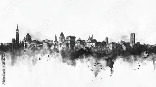  Istanbul city skyline in black and white watercolor sketch with historic architecture and urban landscape on a white background