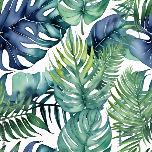 Watercolor tropical leaf pattern with monstera and palm foliage for summer branding and interior wallpaper