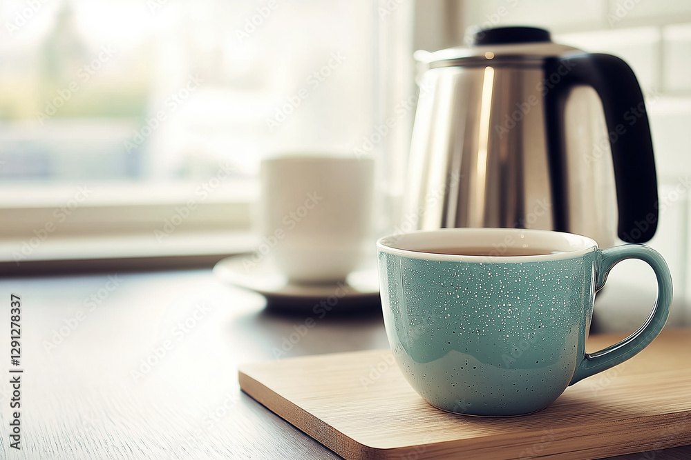 Fototapeta premium Warm cup of tea on a wooden table beside a kettle and a white cup in a cozy setting