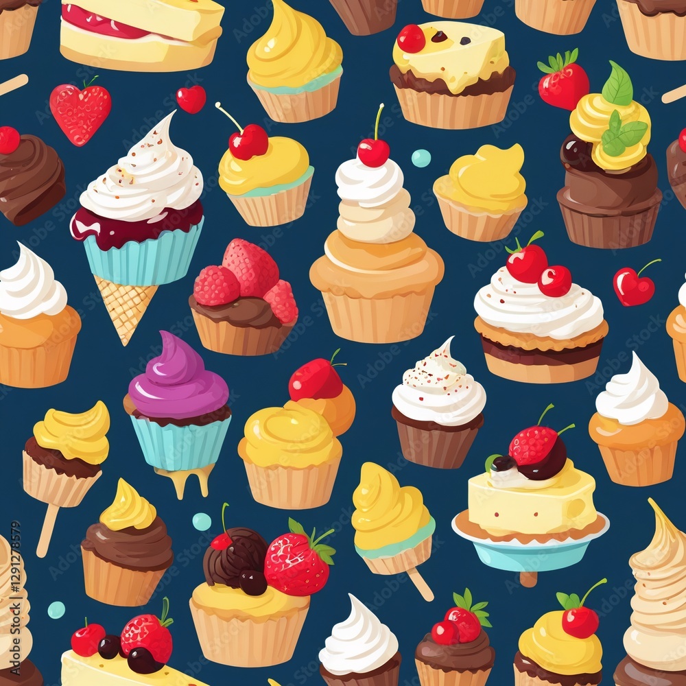 Seamless pattern of various cupcakes and cakes on blue background, sweets concept Seamless pattern of various cupcakes and cakes on blue background, sweets concept