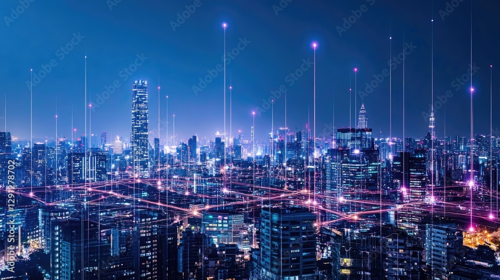Fototapeta premium A modern city skyline with integrated technology, featuring smart lighting and connected infrastructure.