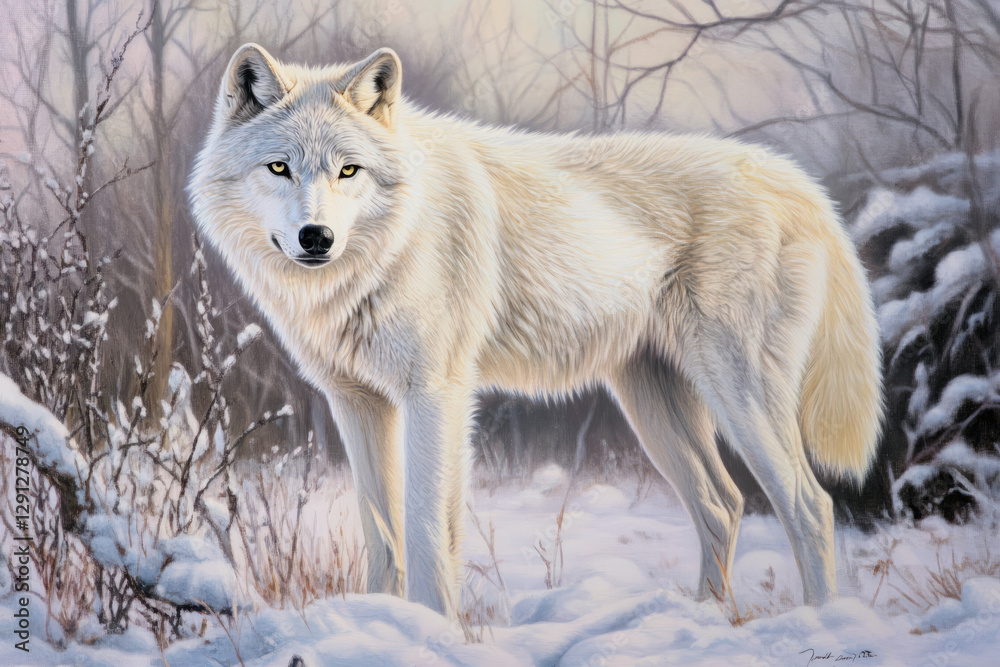 Obraz premium Illustration of a beautiful white wolf standing in a snowy forest, its fur shimmering under the pale moonlight. The wolf piercing eyes and graceful posture evoke a sense of mystery and beauty in the