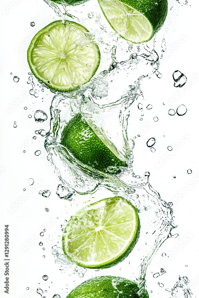 Fresh lime slices splashing in water with bubbles on a white background, vibrant citrus beverage and refreshment concept Fresh lime slices splashing in water with bubbles on a white background, vibrant citrus beverage and refreshment concept