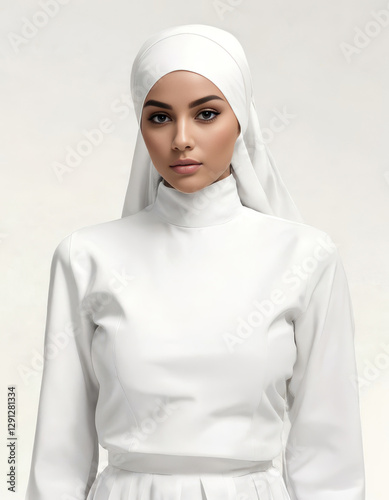 Elegant traditional muslim attire in white for cultural and fashion concepts