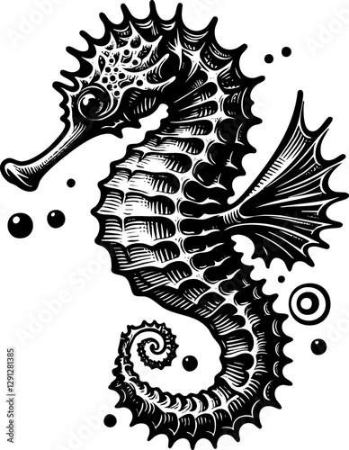 Seahorse sketch engraving black and white outline. Scratch board imitation.  illustrated in vintage line art style on a white background.
