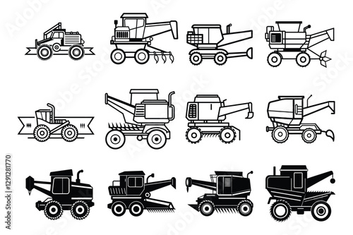 Set of agriculture tractor line art , silhouette vector illustration for children coloring book on white background.
