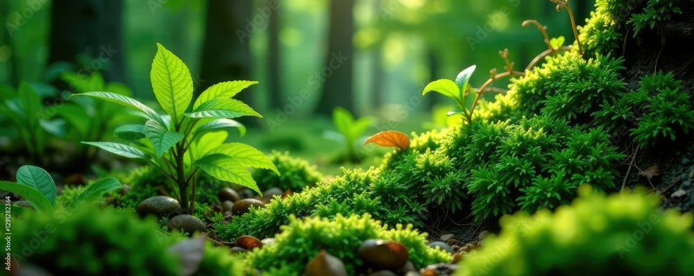 Dense thicket of moss and ferns in a shaded area, green moss, natural habitat
