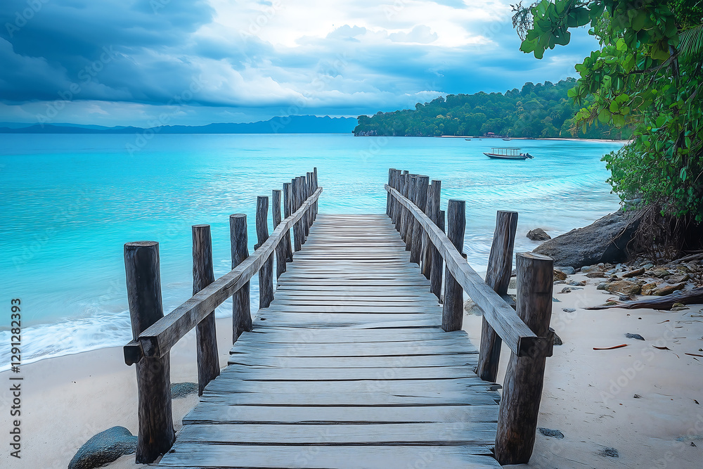 Obraz premium Tropical Wooden Pier Extending into Turquoise Ocean – Scenic Beach Paradise with Blue Sky perfect for travel, vacation destinations, relaxation, and beach paradise themes.