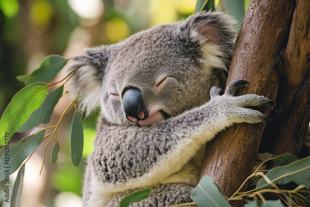 Fototapeta premium A sleepy koala hugging a tree branch, its soft fur blending into the eucalyptus leaves. The peaceful expression on its face captures a sense of calm and serenity.