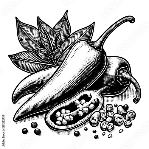 Jalapeno sketch engraving black and white outline. Scratch board imitation.
