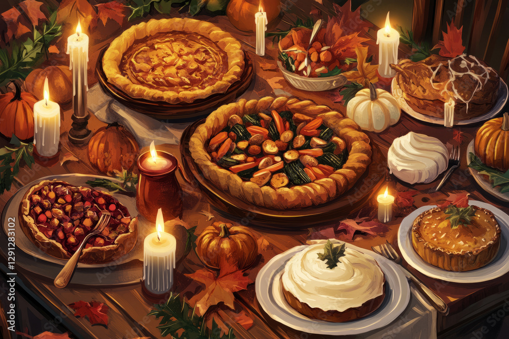Illustration of a large, rustic wooden table filled with delicious autumn foods Illustration of a large, rustic wooden table filled with delicious autumn foods