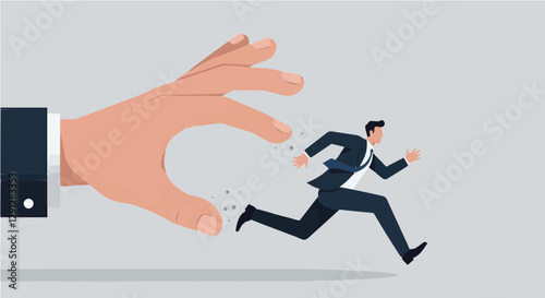 Escaping Control – Businessman Running from a Giant Hand