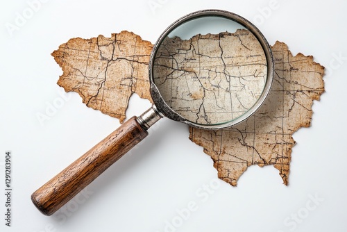 Antique Magnifying Glass and Aged Map on White Background