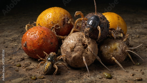 image shows a collection of strange, spherical objects with insects and beetles on them.composition has surreal feel, focusing on detailed textures and the interaction of creatures and organic matter photo