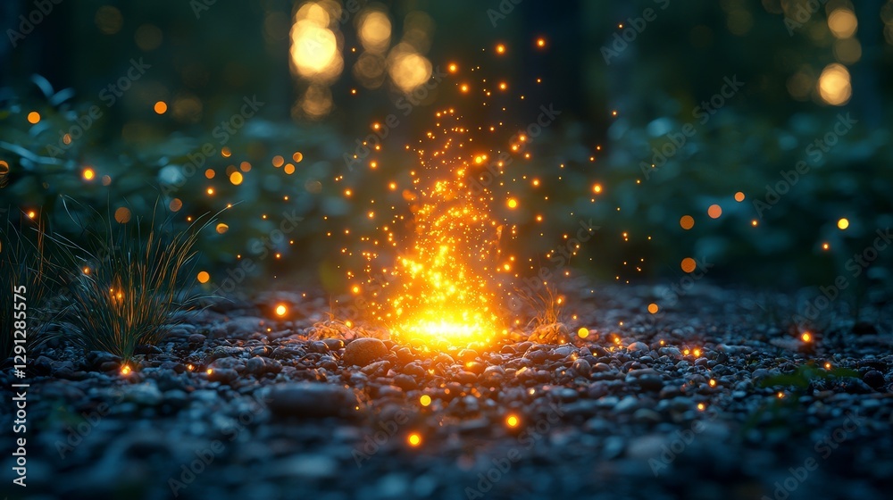 A magical glow emanating from a sparkling ground amidst lush greenery at sunset, creating an enchanting atmosphere in nature. A magical glow emanating from a sparkling ground amidst lush greenery at sunset, creating an enchanting atmosphere in nature.