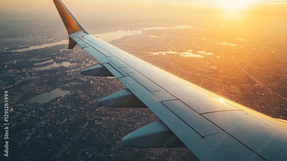 Fototapeta premium A view of the airplane wing during flight, with sunlight casting a warm glow over the aircraft's structure, highlighting the smooth lines of commercial aviation.