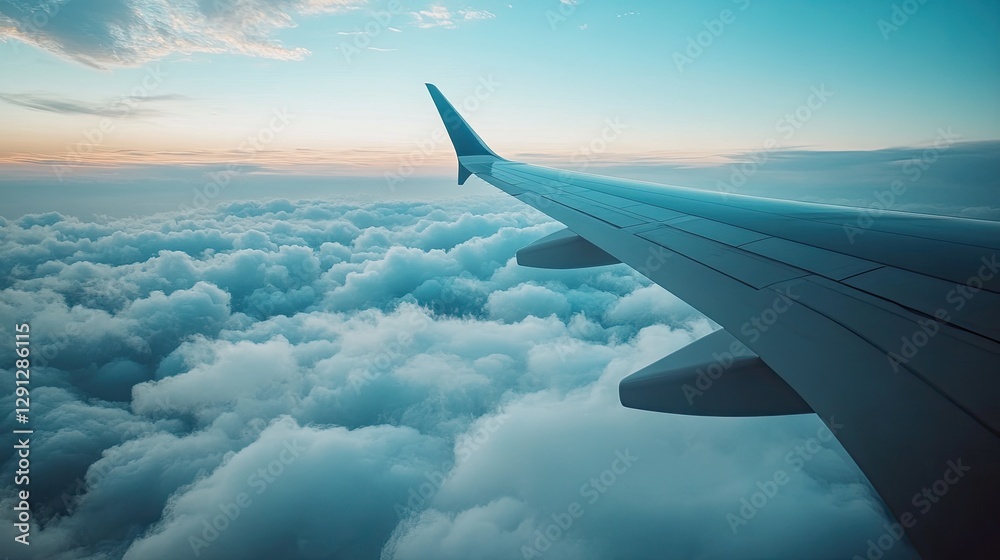 Obraz premium A wide shot of an international flight from the window perspective, showing a vast expanse of clouds beneath the airplane's wings.