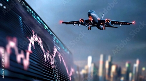 Global and Economic concept. A plane flying over a financial graph with a city skyline in the background.