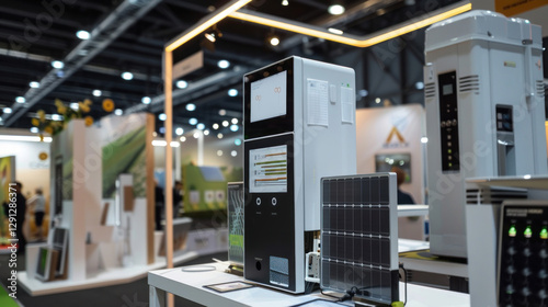 A promotional image showing various renewable energy kits, from beginner to advanced, displayed on sleek stands at an expo