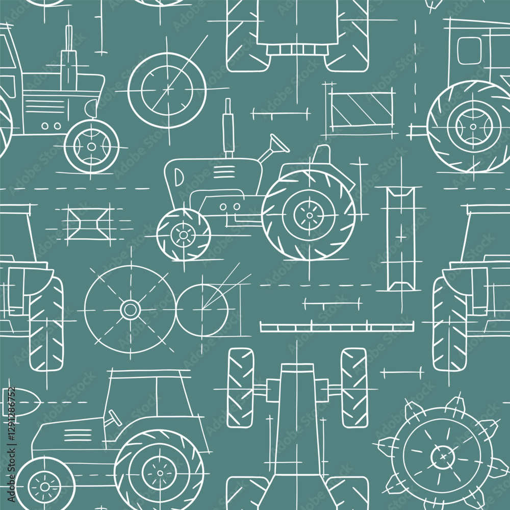 Seamless pattern with hand drawn vector tractor blueprint. Heavy vehicle sketch design. Perfect for textile, wallpaper or print design. EPS10 vector file.