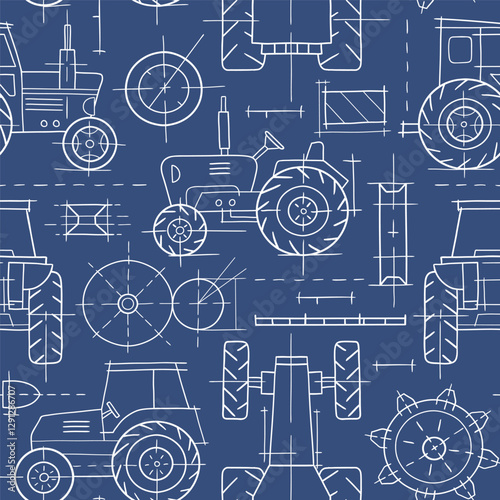 Seamless pattern with hand drawn vector tractor blueprint. Heavy vehicle sketch design. Perfect for textile, wallpaper or print design. EPS10 vector file.