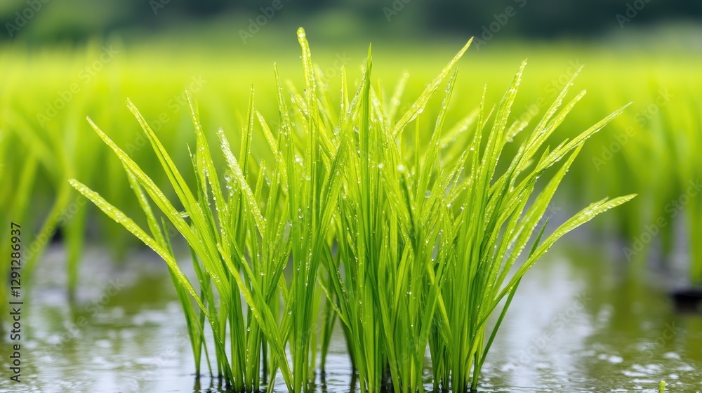 Obraz premium Close-up of vibrant green rice plants growing in a flooded paddy field, with reflections of the sky on the water's surface.