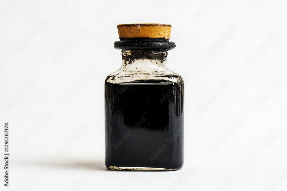 Ink bottle with black ink for writing and art on white background Ink bottle with black ink for writing and art on white background