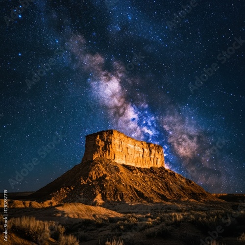 Milky Way over butte at night