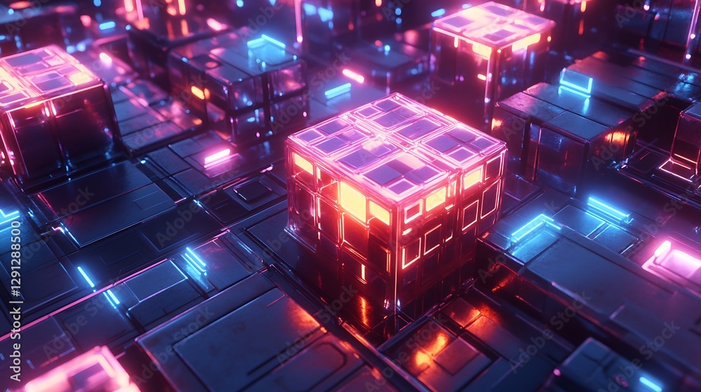 Cubes and structures with glowing neon lighting create a pattern Cubes and structures with glowing neon lighting create a pattern