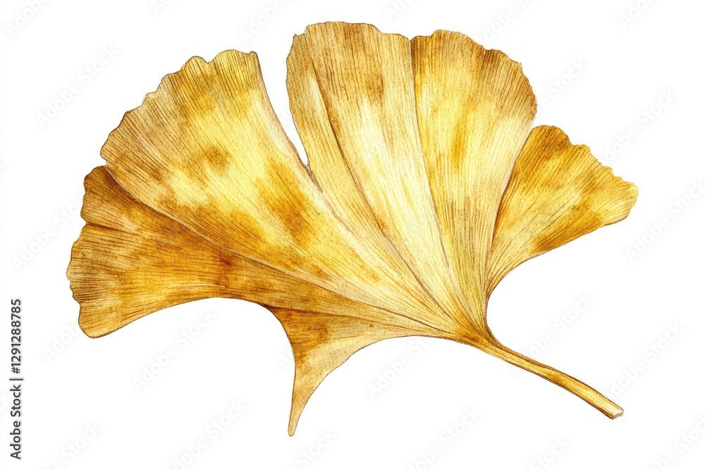 Fototapeta premium A golden ginkgo leaf painted in watercolor, delicate and organic, isolated