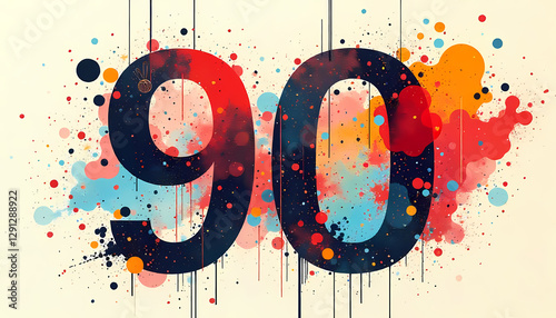 Abstract Number Ninety in Vibrant Watercolor Splashes