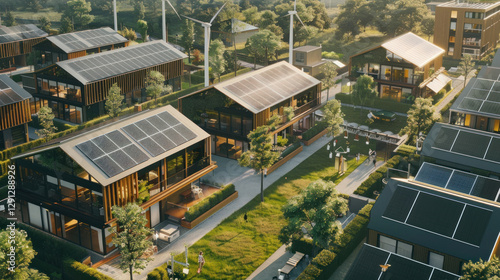 A residential community powered by a microgrid, with solar panels, wind turbines, and centralized battery storage systems