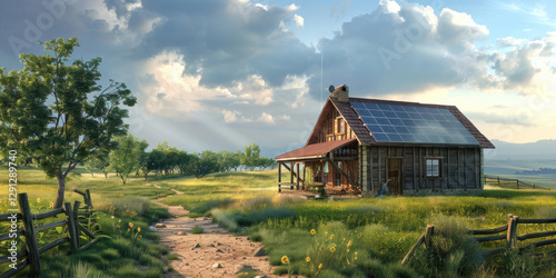 A rural homestead showcasing sustainable energy designs, blending traditional architecture with modern renewable energy systems