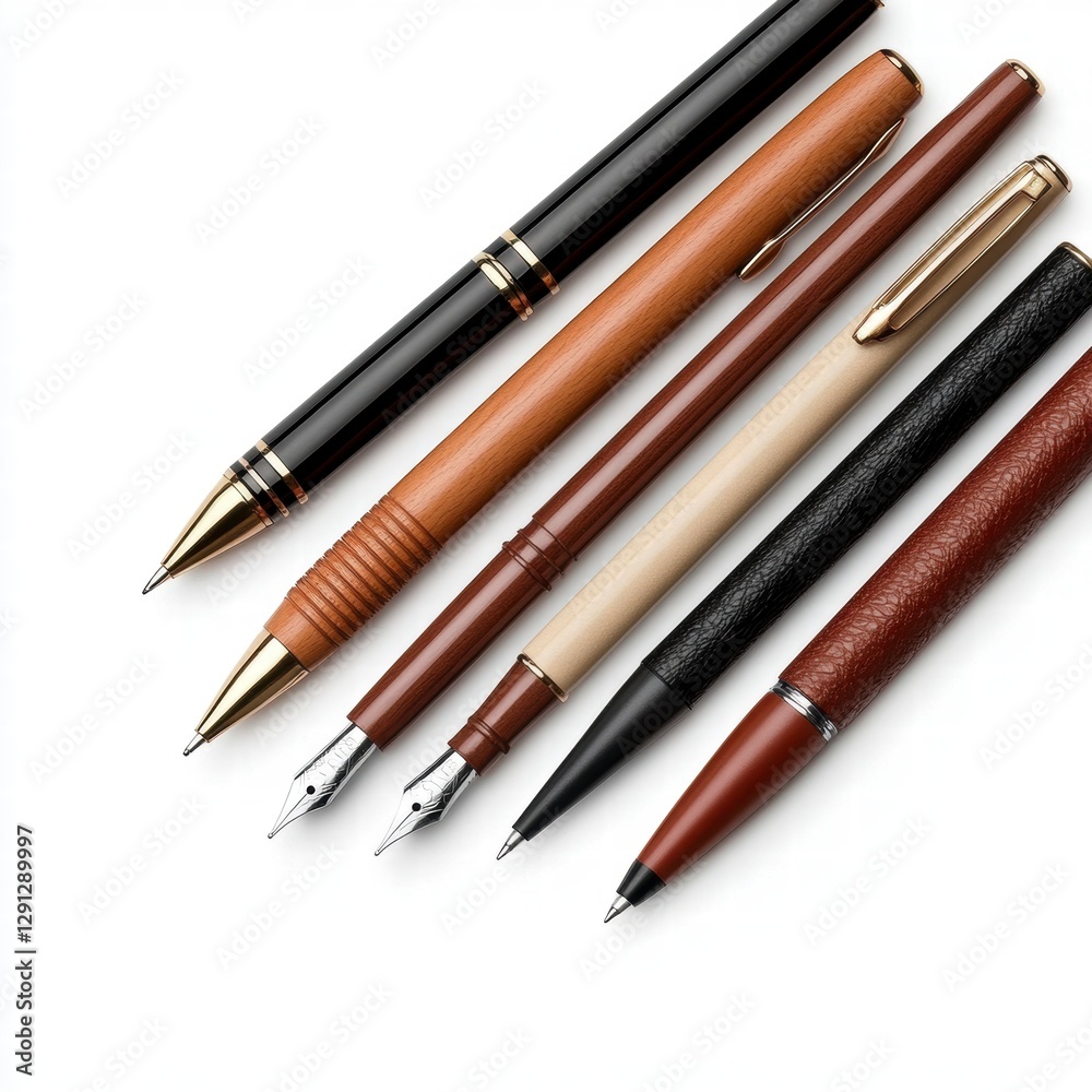 Assortment of Pens Brown, Black, and Beige Writing Instruments on White Assortment of Pens Brown, Black, and Beige Writing Instruments on White