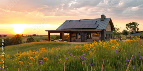 A rural homestead showcasing sustainable energy designs, blending traditional architecture with modern renewable energy systems