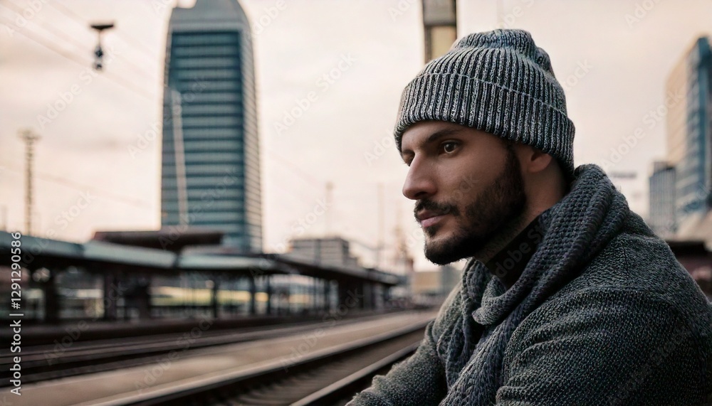 Photo of people sitting at the station during the day with tall buildings in the background Photo of people sitting at the station during the day with tall buildings in the background